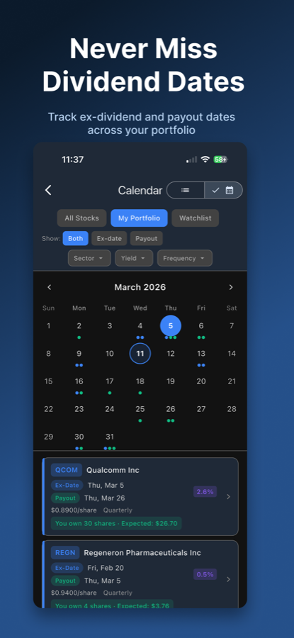 Yieldly dividend calendar showing ex-dates and payment dates