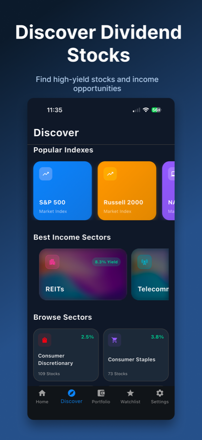 Yieldly Discover screen showing high-yield dividend stocks by sector