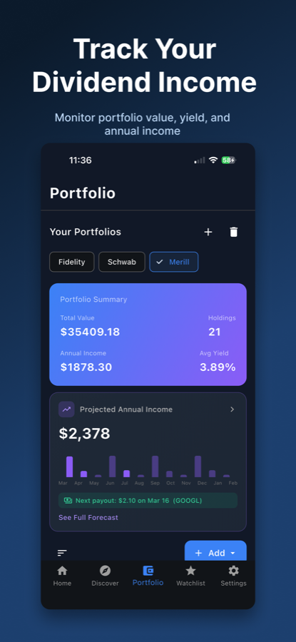 Yieldly portfolio screen showing holdings, value and annual dividend income